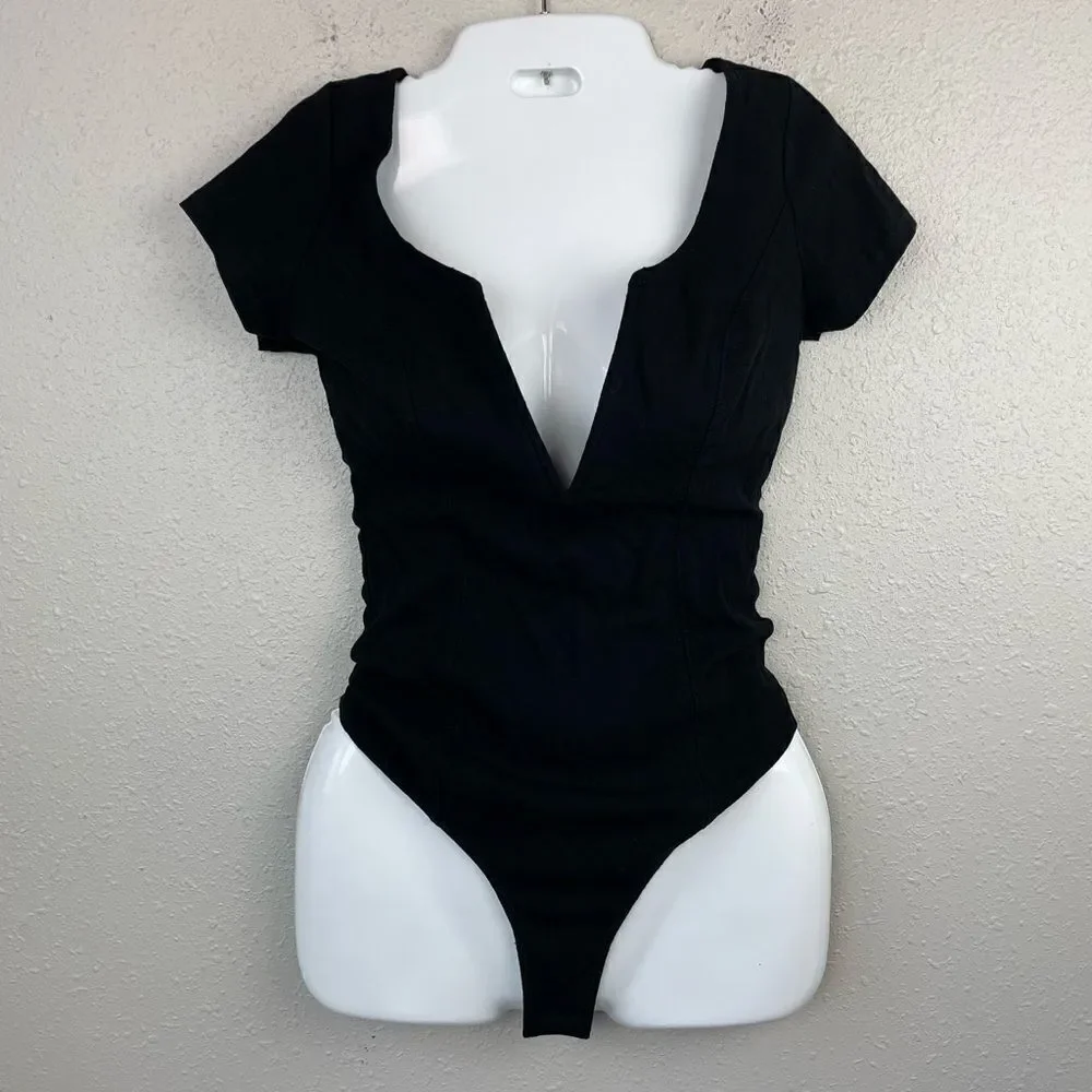 NWT Free People Intimately V-Neck Black Body Suit Size S